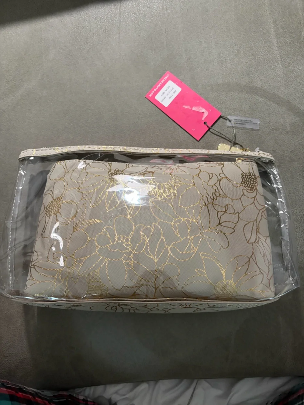 Vince Camuto PVC Floral Makeup Bag Set Beige/Gold/Clear Zipper Pouches